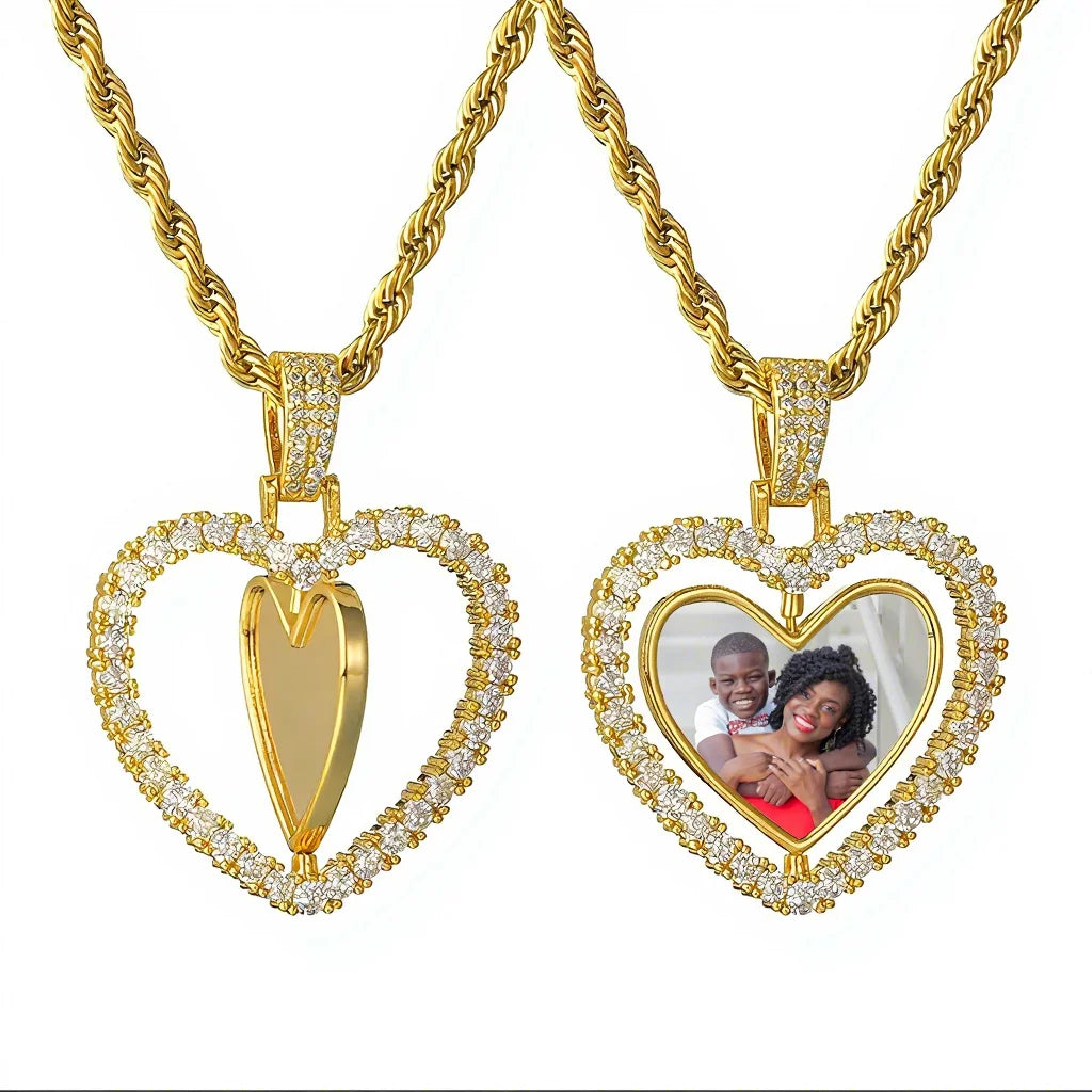 Iced-Out Heart Photo Pendant | 18K Gold Plated