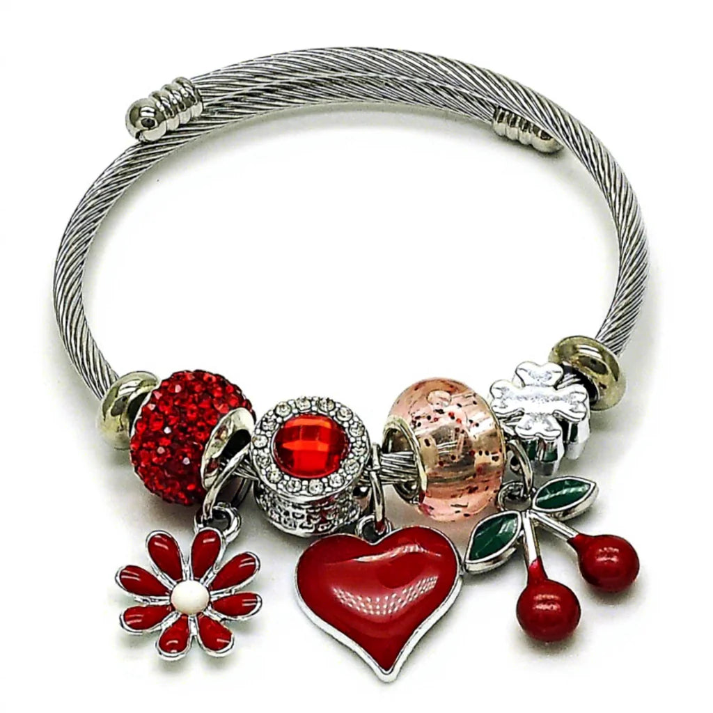 Romantic Heart & Flower Bangle | Red Enamel