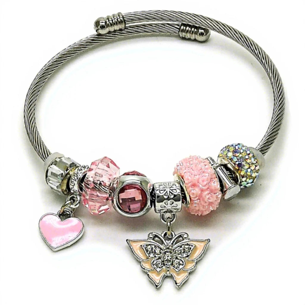 Enchanted Butterfly & Heart Bangle | Pink Enamel
