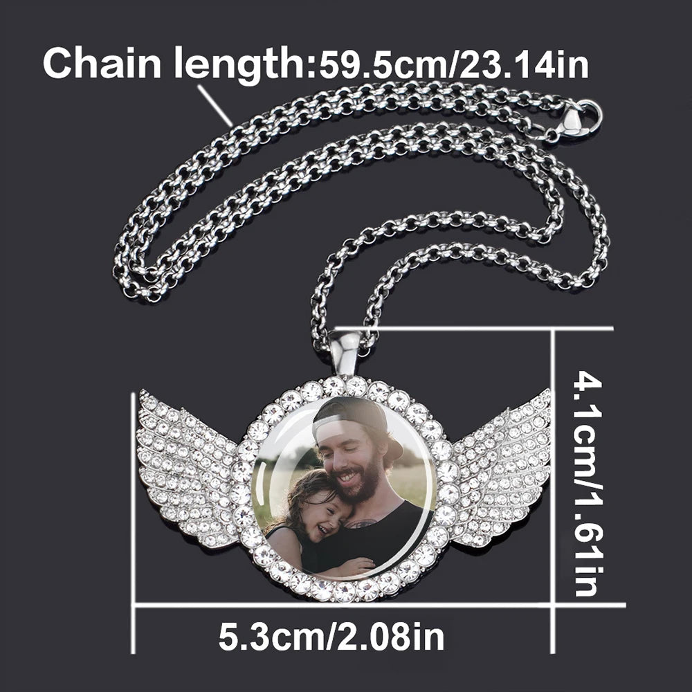 DHQH Customized Picture Necklace Personalized Photo Angel Wings Water Diamond Pendant Necklace Creative Fashion Hip Hop Jewelry
