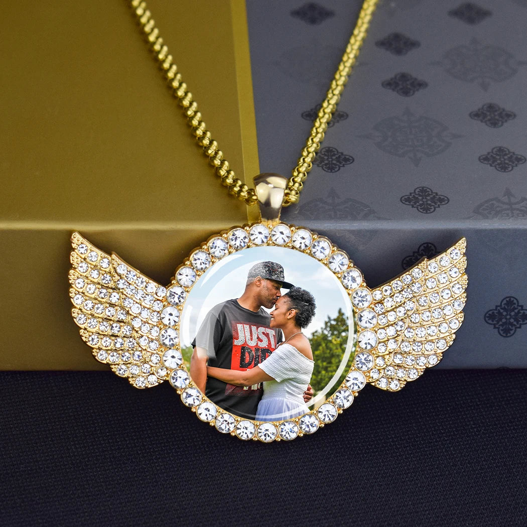 DHQH Customized Picture Necklace Personalized Photo Angel Wings Water Diamond Pendant Necklace Creative Fashion Hip Hop Jewelry