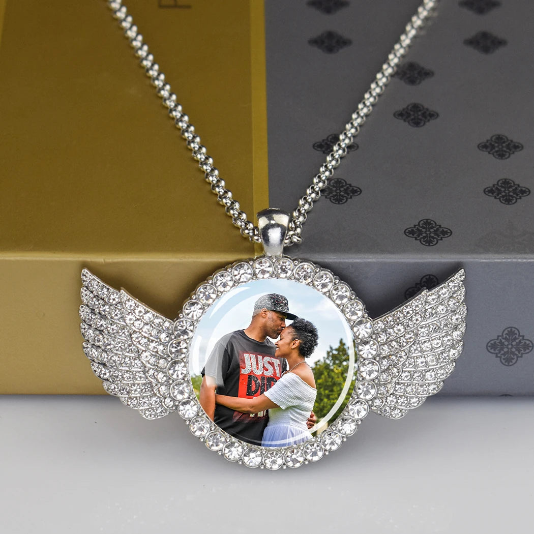 DHQH Customized Picture Necklace Personalized Photo Angel Wings Water Diamond Pendant Necklace Creative Fashion Hip Hop Jewelry