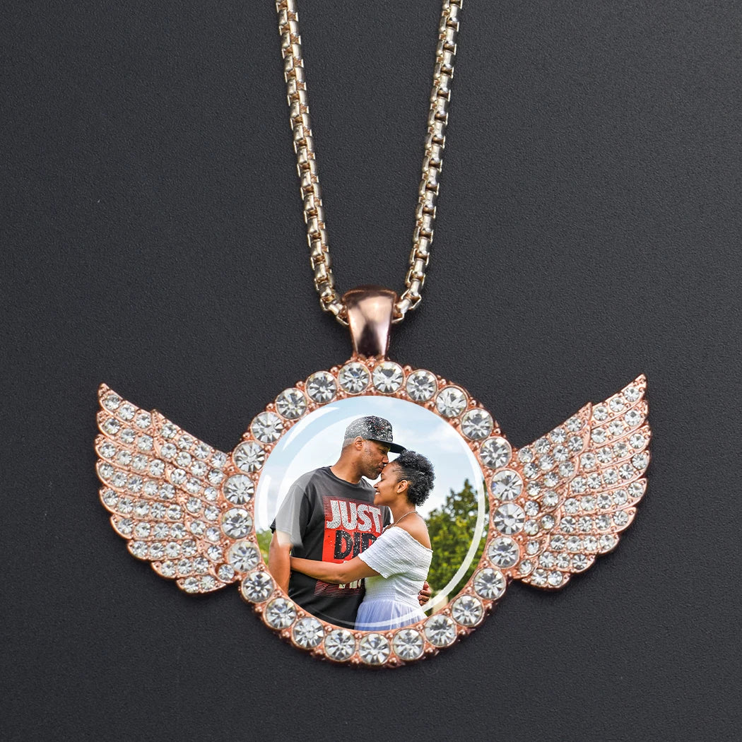 DHQH Customized Picture Necklace Personalized Photo Angel Wings Water Diamond Pendant Necklace Creative Fashion Hip Hop Jewelry