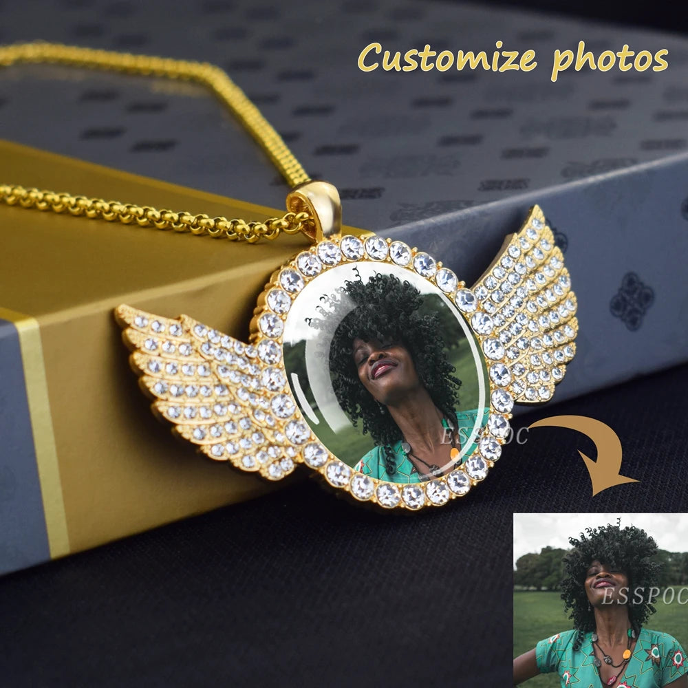 DHQH Customized Picture Necklace Personalized Photo Angel Wings Water Diamond Pendant Necklace Creative Fashion Hip Hop Jewelry