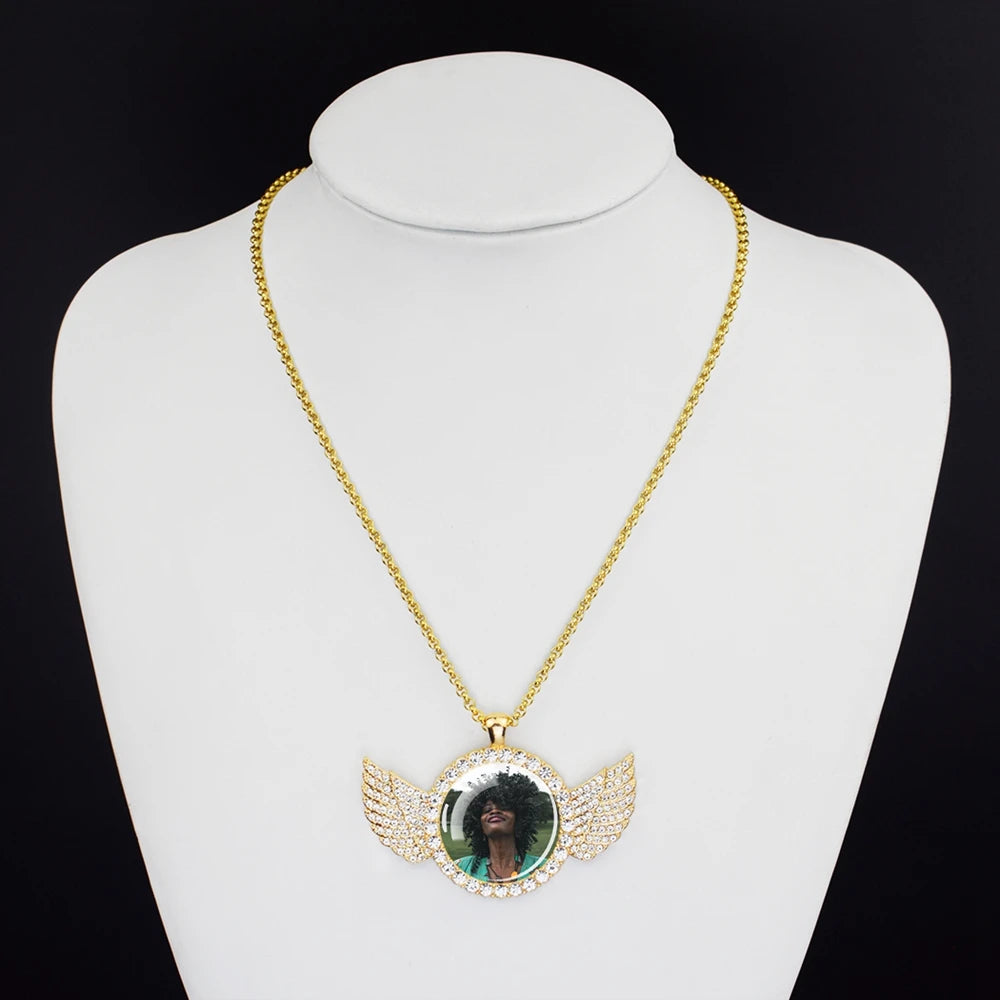 DHQH Customized Picture Necklace Personalized Photo Angel Wings Water Diamond Pendant Necklace Creative Fashion Hip Hop Jewelry